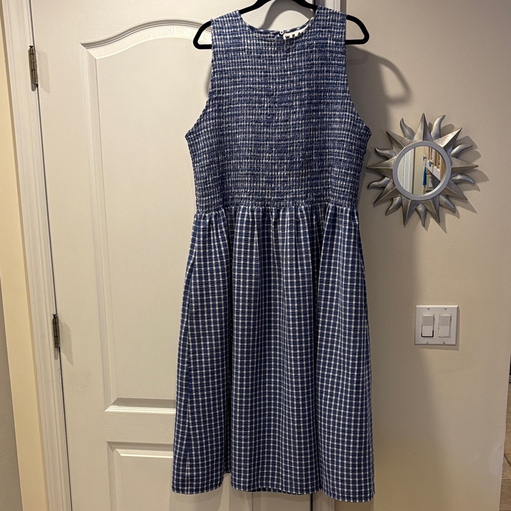 WRAY LADIES BLUE WHITE CHECK SMOCK MIDI DRESS-2X